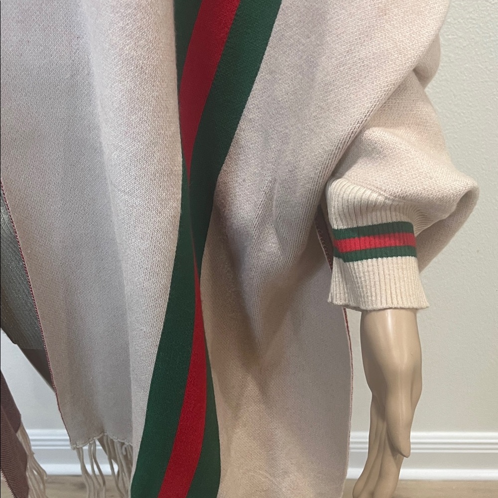 Beige Fringe Fall Wrap Jacket w / Sleeves  - Red/Green Striped - Picture 3 of 5